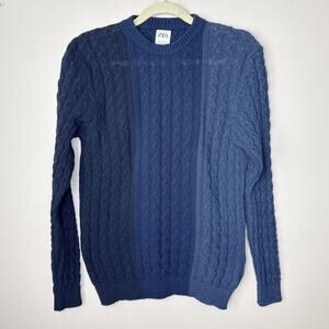 Zara Women's Medium Tri-Colored Navy Blue‎ Cable Knit Sweater Crew Neck Cotton